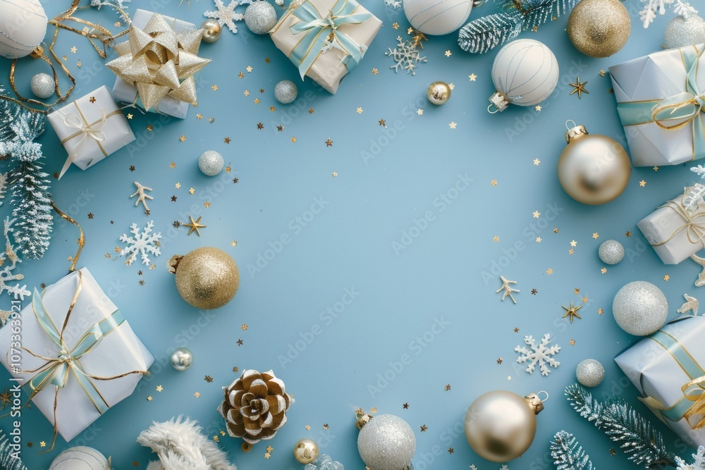 Holiday round Frame with New Year decoration and fir, blue and pearly balls. Christmas greeting card. Neural network ai generated art Holiday round Frame with New Year decoration and fir, blue and pearly balls. Christmas greeting card. Neural network ai generated art