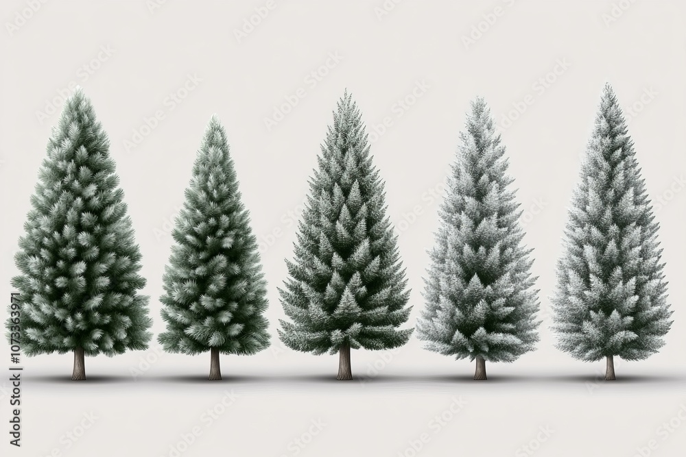 Obraz premium Frosted miniature evergreen trees arranged on a clean white surface creating a tranquil minimalist winter display with a serene and festive ambiance