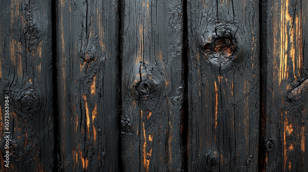 A close-up of charred wooden planks with visible grain and texture. A close-up of charred wooden planks with visible grain and texture.