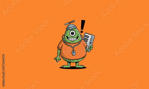 Smiling green alien with propeller hat and keyboard.