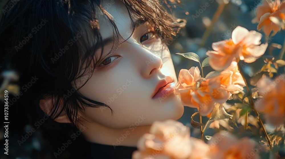 Handsome anime boy holding flower in a dreamy floral setting Handsome anime boy holding flower in a dreamy floral setting