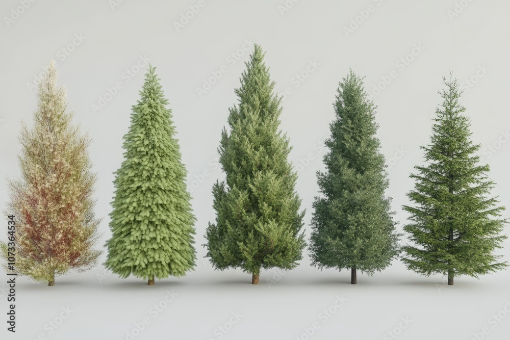 Obraz premium Frosted miniature Christmas trees arranged symmetrically on a clean light background creating a minimalist winter holiday aesthetic with serene balance