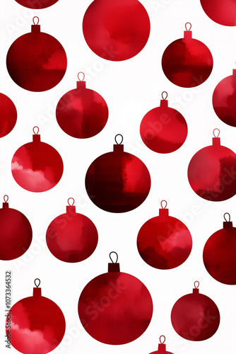 Red Christmas baubles pattern. Watercolor painting. White and red colors