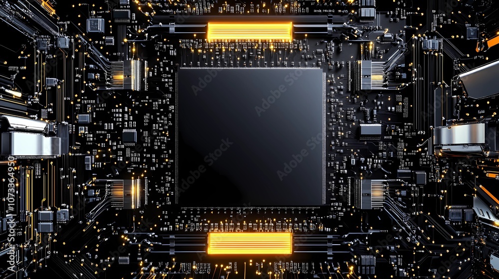 Fototapeta premium High-resolution microchip texture, displaying a pattern of interconnected circuits, creating an abstract tech-themed backdrop for presentations, ads, or posters