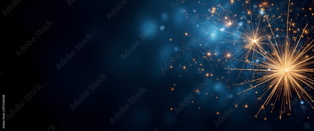 Fototapeta premium Blue and gold abstract background and fireworks splashes on New Year's Eve