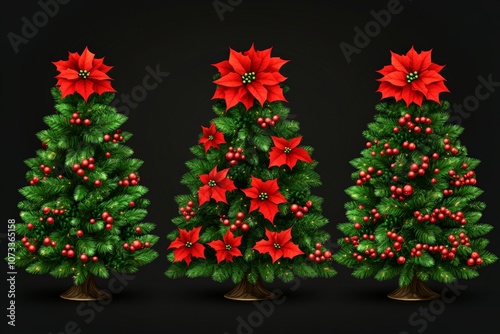 Trio of Christmas trees adorned with red poinsettias and vibrant decorations creating a festive and bold holiday aesthetic against a sleek dark background photo