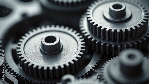 Mechanical gears in monochromatic scheme scene, gears-intricate and scheme-gray