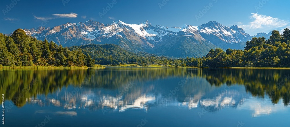 Calm lake reflecting the snow-capped mountains and blue sky. Calm lake reflecting the snow-capped mountains and blue sky.