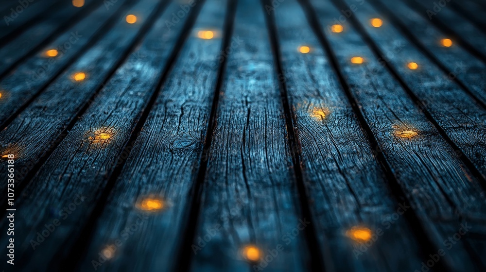 A close-up of dark wooden planks with warm glowing lights scattered across the surface. A close-up of dark wooden planks with warm glowing lights scattered across the surface.