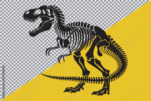 A black silhouette of a dinosaur skeleton