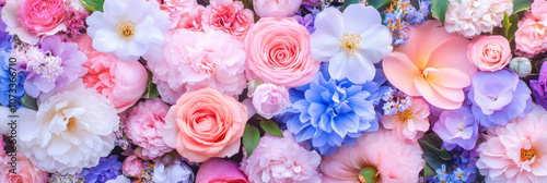 blossom flowers blooming floral festive bouquet wall fashion blue purple white background with copy space. 3D fashion pastel beautiful card wallpaper
