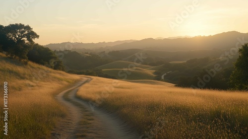 Soft focus mountain dirt road in foggy frosty dawn with warm colors and visible sunshine Morning dirt road through mountain plateau 