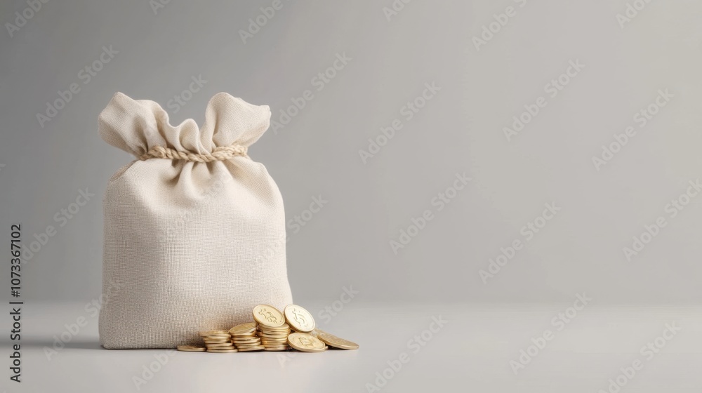 Simple Fabric Bag with Drawstring Containing Coins on a Light Gray Background, Perfect for Representing Wealth, Savings, or Financial Concepts in Stock Photography