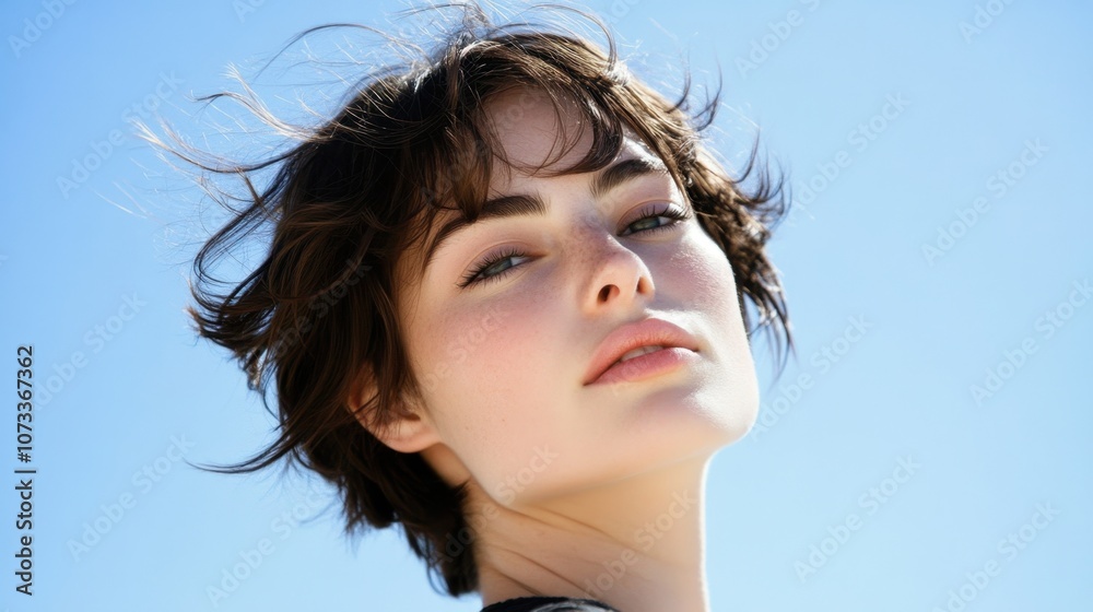 Young woman with short dark hair posing gracefully against a clear blue sky, embodying beauty, confidence, and natural charm in a bright summer day. Young woman with short dark hair posing gracefully against a clear blue sky, embodying beauty, confidence, and natural charm in a bright summer day.