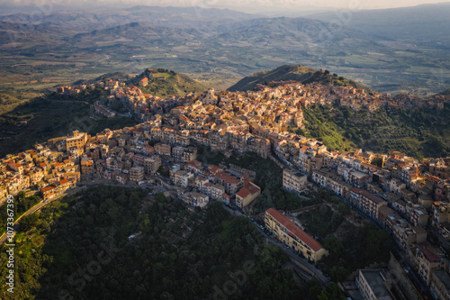 Aerial panoramic view of a beautiful Italian mountain town Centuripe, Sicily, Italy, Europe. June 2023