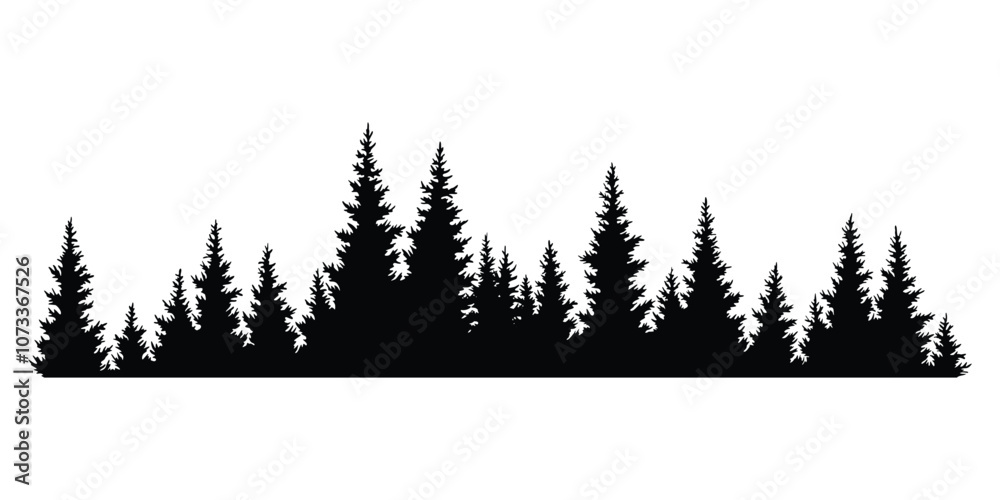Fir trees silhouette. Coniferous spruce horizontal background pattern, black evergreen woods vector illustration. Beautiful hand drawn panorama of coniferous forest