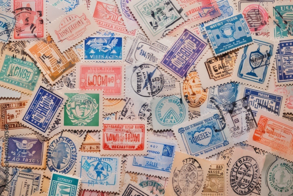 Selective focus on a collection of fictional used postage postmarks and stamps. Neural network ai generated art Selective focus on a collection of fictional used postage postmarks and stamps. Neural network ai generated art