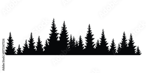 Obraz na płótnie Fir trees silhouette. Coniferous spruce horizontal background pattern, black evergreen woods vector illustration. Beautiful hand drawn panorama of coniferous forest w salonie
