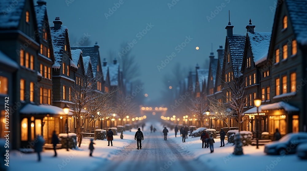 Fototapeta premium christmas miniature diorama. A fairytale Christmas scene with a snow-covered winter village and warm light.