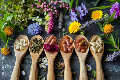 Herbal supplements and natural remedies in wooden spoons with different tablets and colors, healthy living concept photo