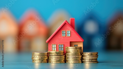 Colorful miniature house model surrounded by stacks of gold coins representing real estate investment and financial growth in a vibrant setting
