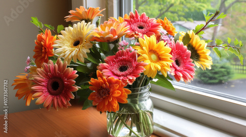 Bright and vibrant arrangement of fresh daisies and sunflowers in glass jar, bringing cheerful touch to any space. colorful blooms create warm and inviting atmosphere