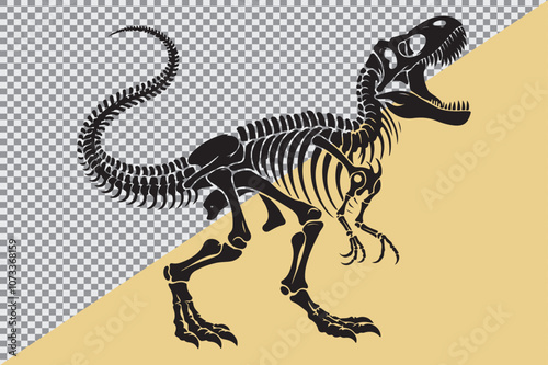 A black silhouette of a dinosaur skeleton