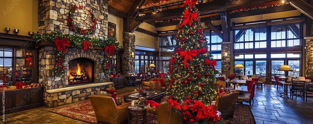 Fototapeta premium A cozy, festive lodge decorated for Christmas with a large tree and a warm fireplace.