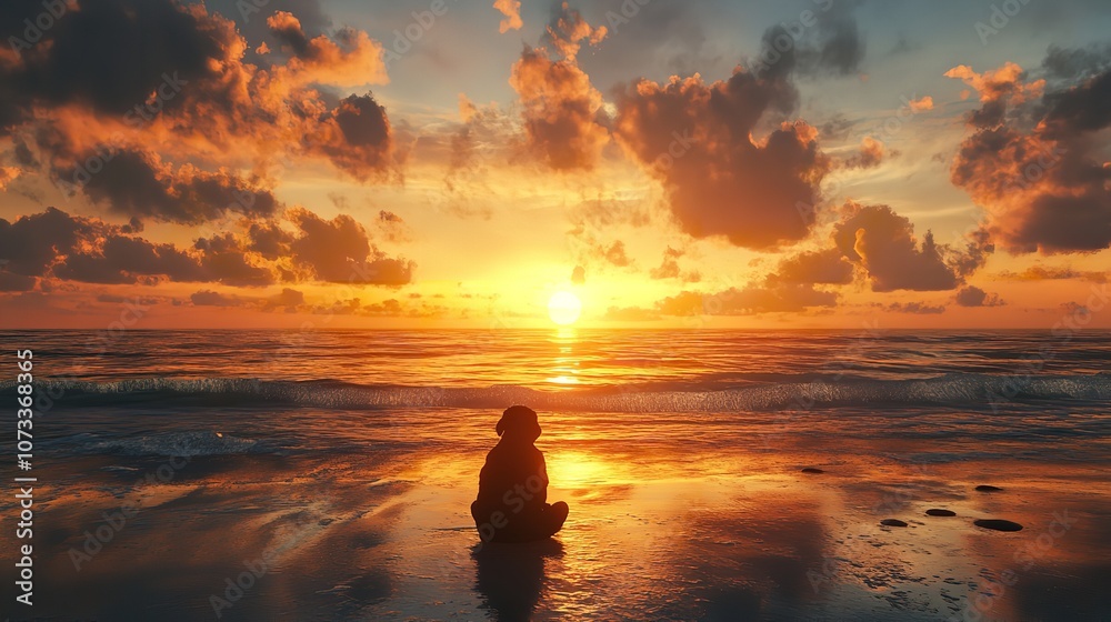 A Silhouette of a Dog Sitting Calmly on the Beach at Sunset A Silhouette of a Dog Sitting Calmly on the Beach at Sunset