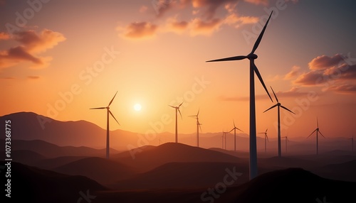 Modern wind turbines and solar panels in sunset light