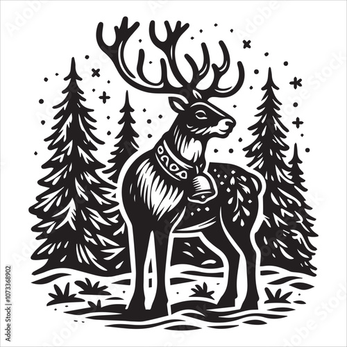 Majestic Reindeer in a Snowy Forest. A striking black and white illustration of a reindeer standing in a snowy forest.