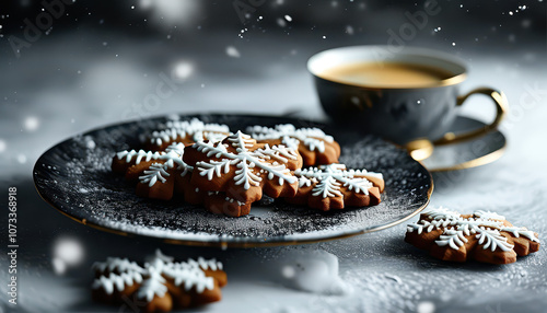 Christmas still life with a plate of gingerbread cookies and a cup of coffee or tea in the background, Generative AI