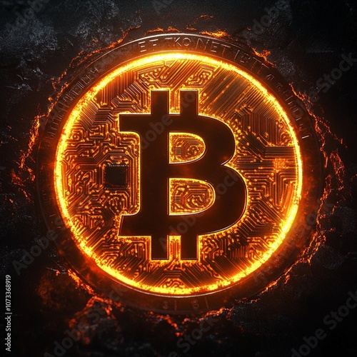 Hyper-Realistic Bitcoin  on Fiery Background