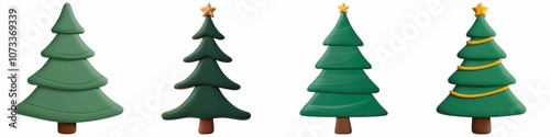 Four stylized Christmas trees in varying shapes and decorations, showcasing their green foliage and festive designs.