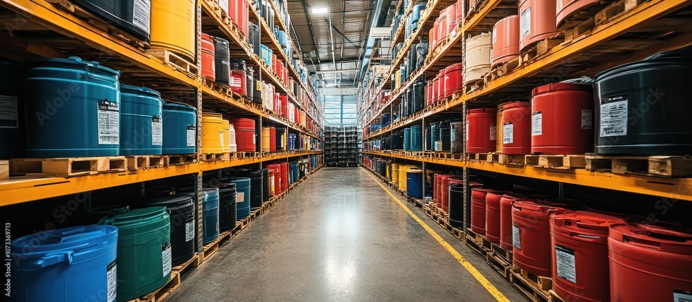 Industrial warehouse with rows of colorful barrels on shelves. Industrial warehouse with rows of colorful barrels on shelves.