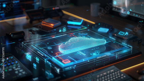 Wallpaper Mural Augmented reality dashboard displaying a secure cloud database with holographic data encryption layers, user access control icons, and live security alerts. Torontodigital.ca