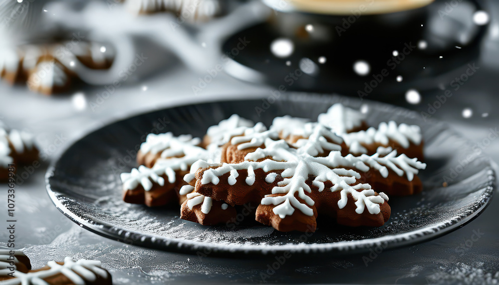 Christmas still life with a plate of gingerbread cookies and a cup of coffee or tea in the background, Generative AI Christmas still life with a plate of gingerbread cookies and a cup of coffee or tea in the background, Generative AI
