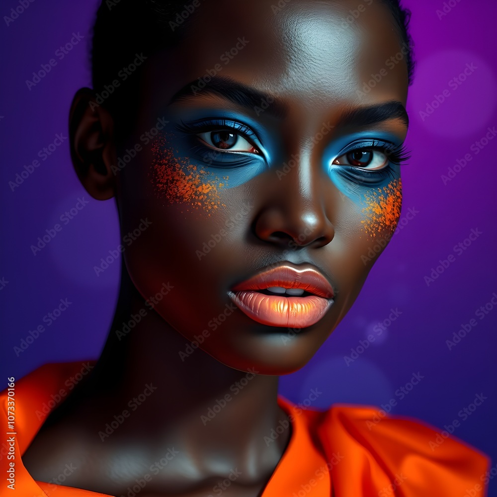 High-Fashion Portrait with Vibrant Blue and Orange Makeup on Dark Skin High-Fashion Portrait with Vibrant Blue and Orange Makeup on Dark Skin