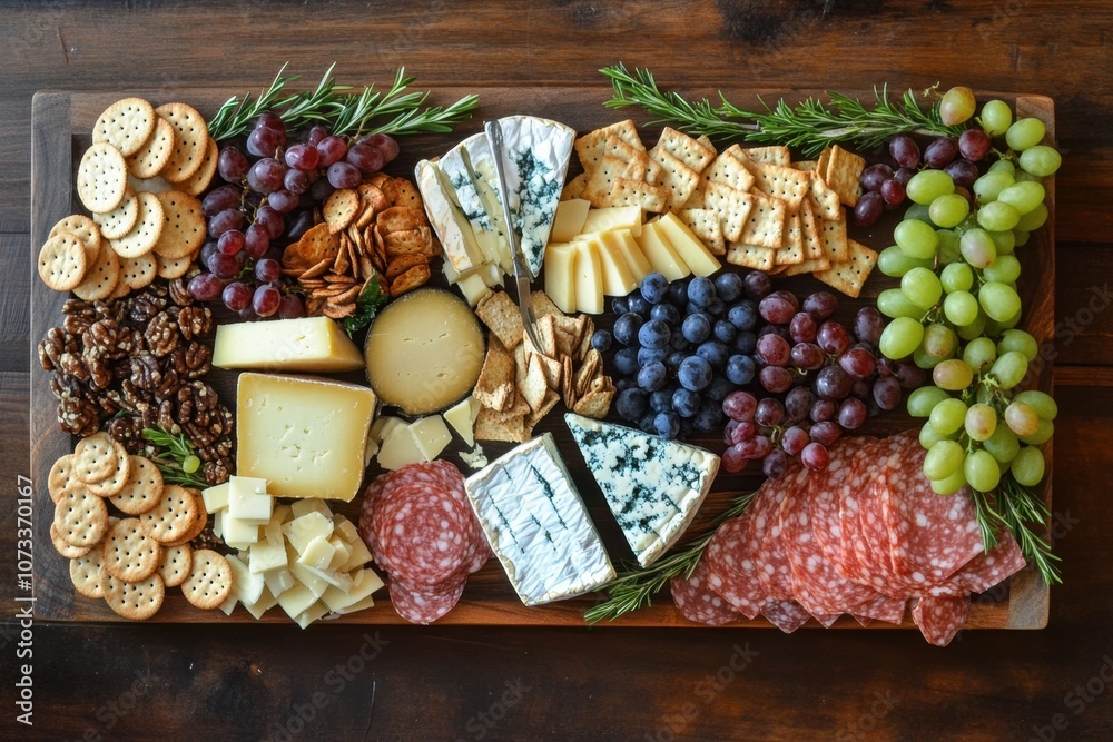 Classic Cheese Board: An overhead view of a wooden cheese board Classic Cheese Board: An overhead view of a wooden cheese board