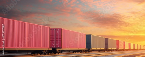 Colorful cargo containers parked on train tracks against a stunning sunset sky, showcasing industrial transportation and freight logistics at dusk