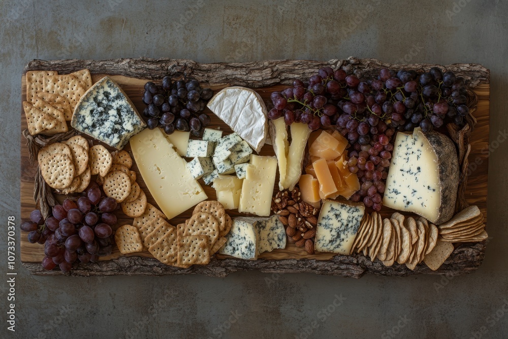 Fototapeta premium Classic Cheese Board: An overhead view of a wooden cheese board