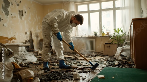 Living room in an apartment that has been burned, with a man wearing a PPE kit cleaning – Depicting fire damage recovery, safety protocols, and restoration efforts