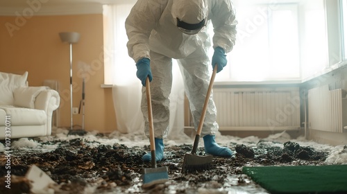 Living room in an apartment that has been burned, with a man wearing a PPE kit cleaning – Depicting fire damage recovery, safety protocols, and restoration efforts