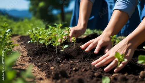 Young seedlings planted by volunteers, green hills, clear blue sky, hope for future generations