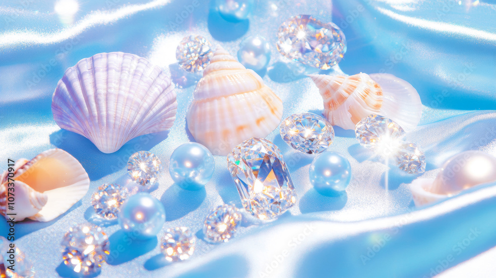Fototapeta premium 3D pearls seashells conches and diamonds scatter on beach babyblue silk fabric glossy shiny background with copy space. fashion romantic jewellery holographic elegant luxury wallpaper