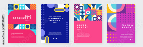 Colorful Geometric Business Brochure and Report Design 2045. Modern and abstract layouts featuring vibrant patterns, perfect for corporate presentations or marketing materials.