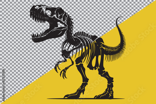 A black silhouette of a dinosaur skeleton