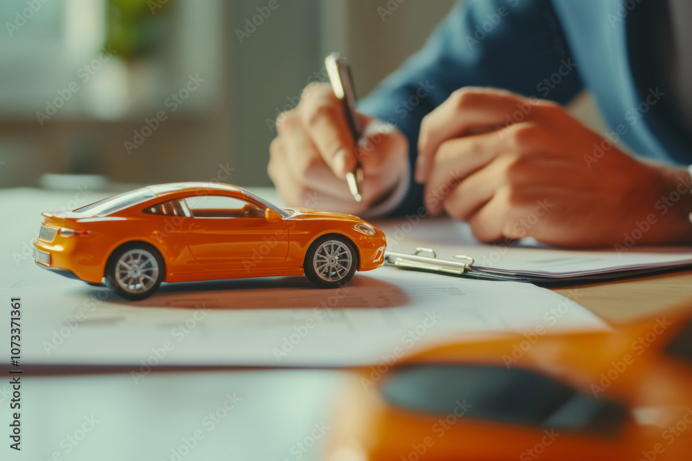 Toy car placed on insurance documents in car dealership office. Auto insurance or financing options concept