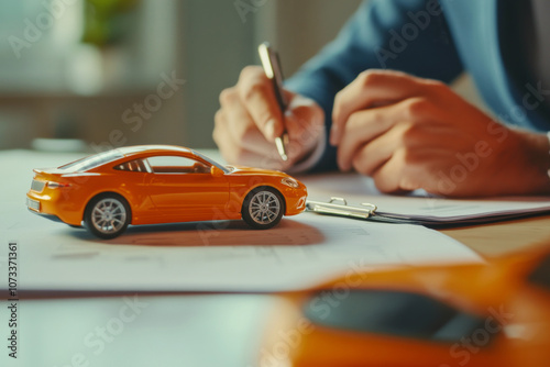 Obraz na płótnie Toy car placed on insurance documents in car dealership office. Auto insurance or financing options concept w salonie