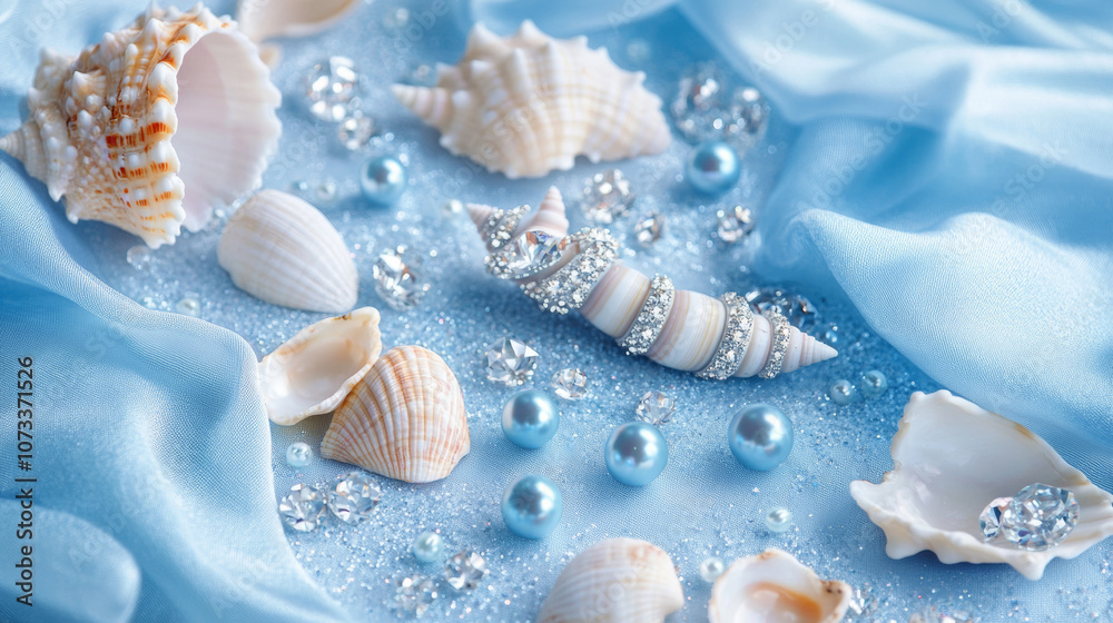 3D pearls seashells conches and diamonds scatter on beach babyblue silk fabric glossy shiny background with copy space. fashion romantic jewellery holographic elegant luxury wallpaper 3D pearls seashells conches and diamonds scatter on beach babyblue silk fabric glossy shiny background with copy space. fashion romantic jewellery holographic elegant luxury wallpaper